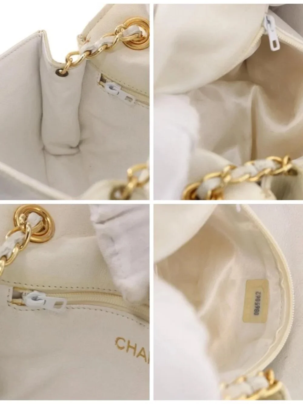 CHANEL Chain Shoulder Bag Lamb Skin White Gold CC Auth 186589A